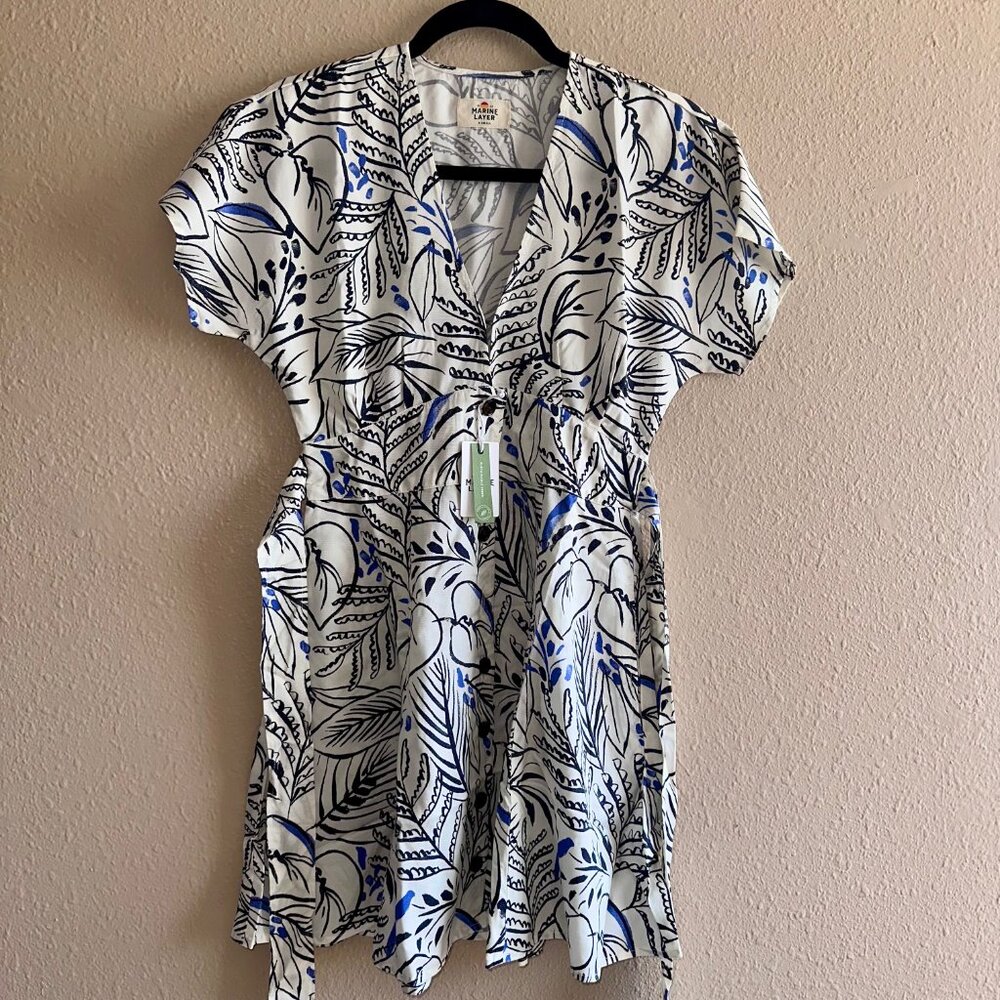 Marine Layer NWT Camila Mini Dress Foliage Pattern Button Up w/ Pockets XS